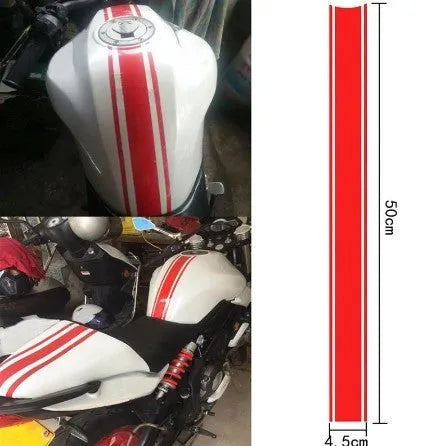 Motorcycle gas tank reflective sticker measuring 50cm by 4.5cm in black red silver yellow colours