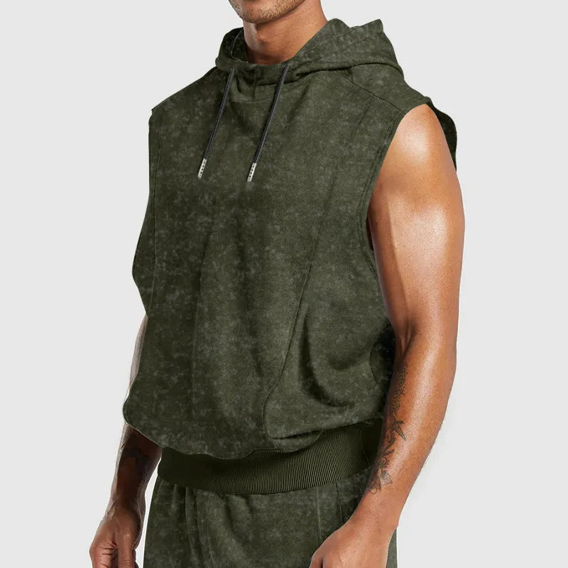 Men's distressed floral sleeveless hooded top in cotton blend, green colour, front view with hood and 3D patch pocket