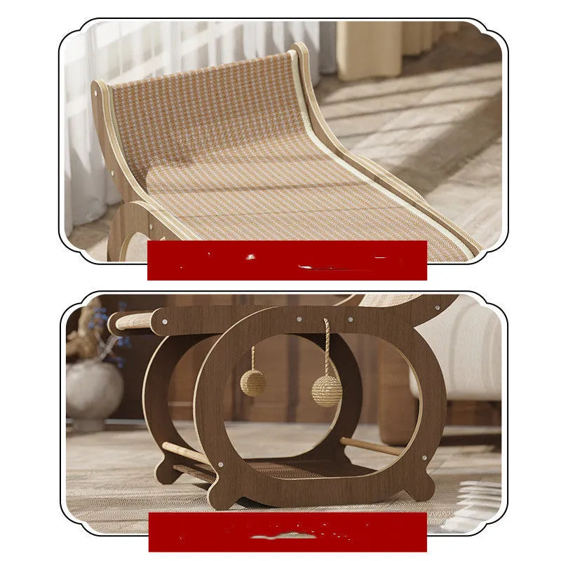 Solid wood recliner-style cat scratcher and bed with sisal surface in walnut colour.