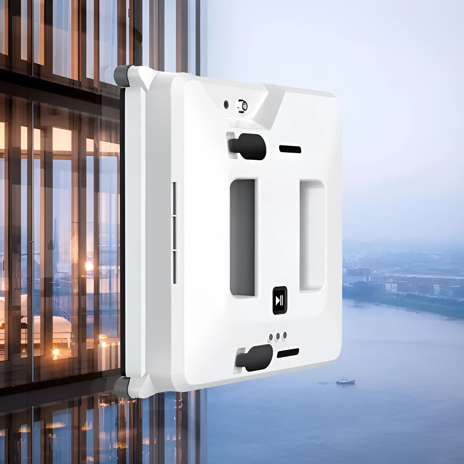 White intelligent small window cleaner robot on smooth indoor glass surface with plastic body
