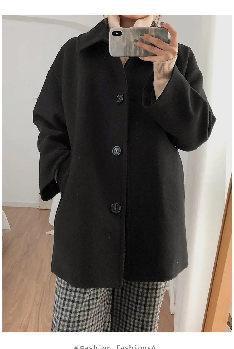 Women's Korean-style loose mid-length solid colour spandex blend overcoat, straight fit, long sleeve, available in khaki and black