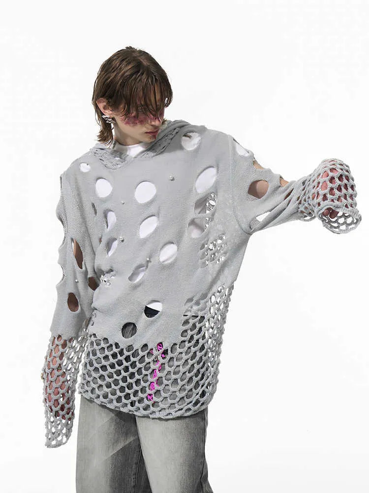 Black men's hoodie with pearl decorations, loose thin material, hood up.