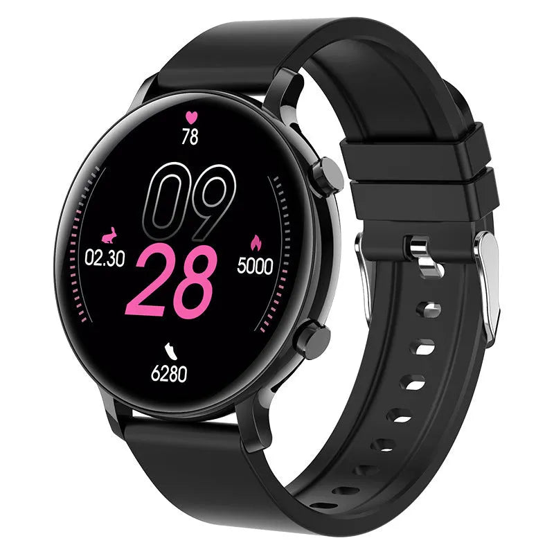 Black Bluetooth smartwatch with stainless steel strap showing call screen and health metrics