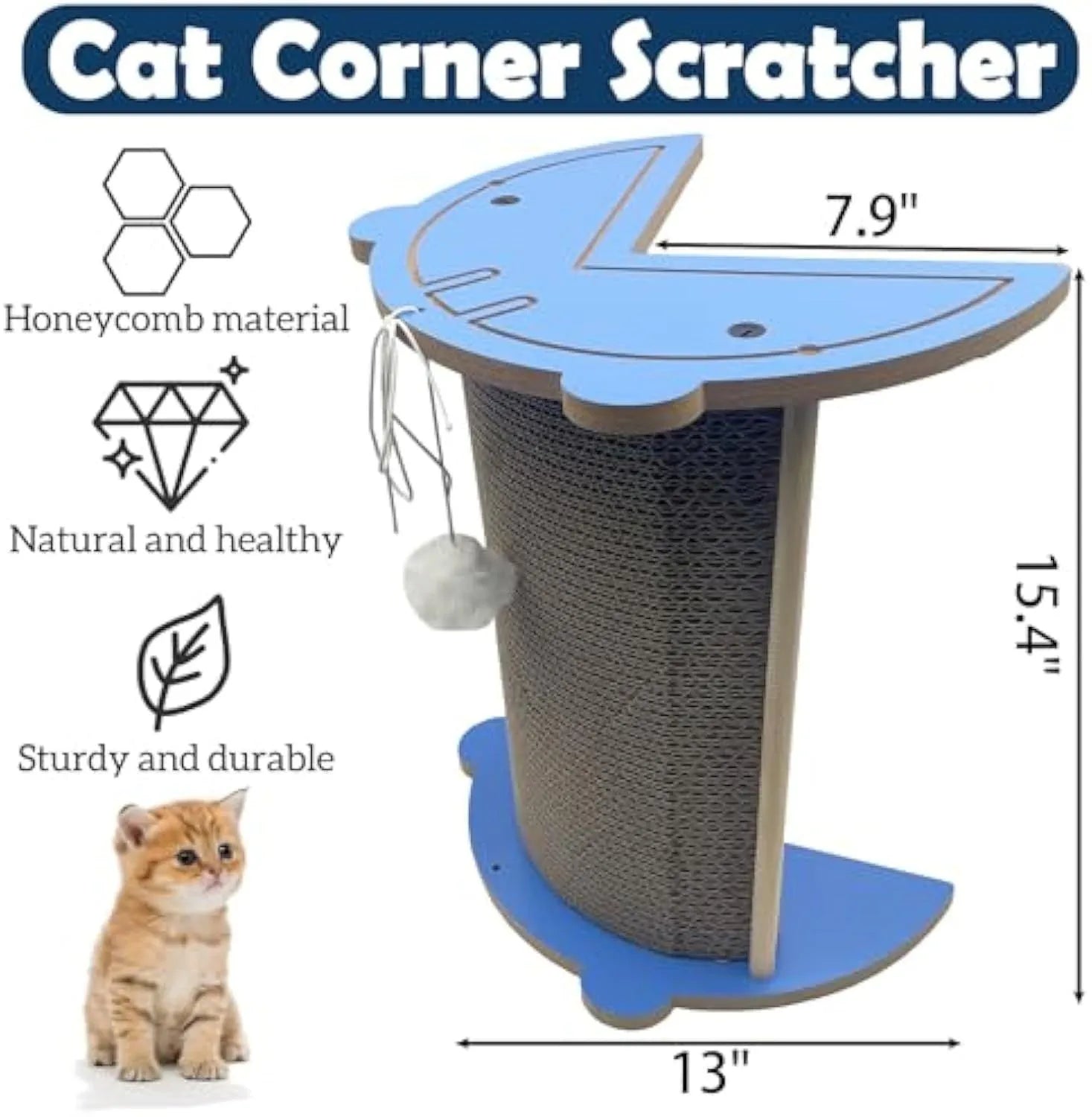 Grey cardboard corner cat scratcher with hanging ball toy attached