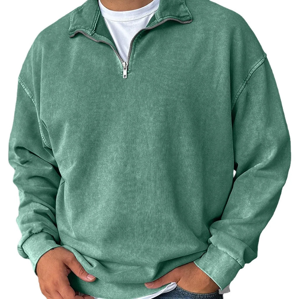 Men's loose drop shoulder stand collar cotton sweatshirt in solid colour, long sleeves, pullover style, stone-washed finish
