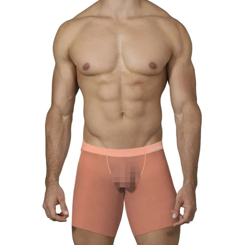 Men's ice silk nylon boxer shorts in orange, pink, or red solid colours showing low waist design