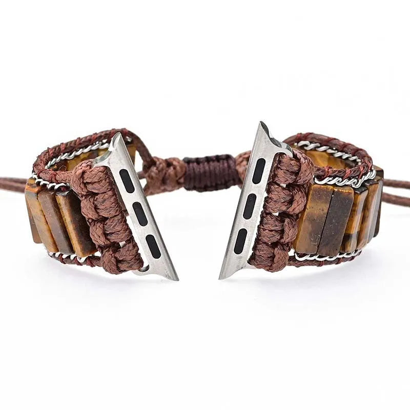 Rectangular tiger eye stone chain watch strap on adjustable textile band for men's watches