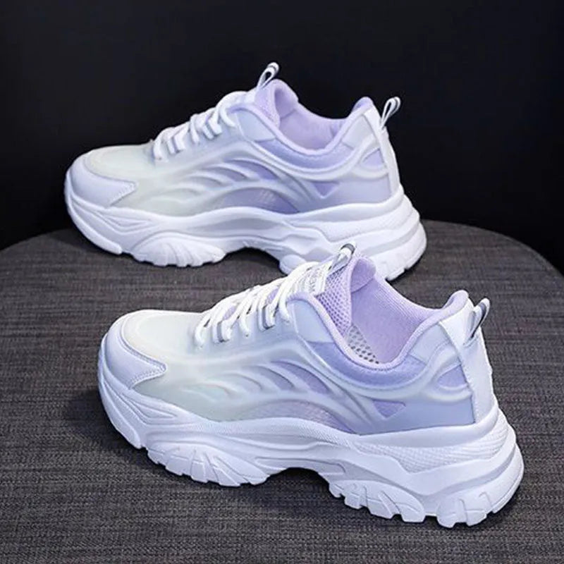 Women's satin sports casual lace-up shoes in pink, also available in blue and purple.