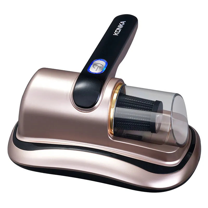 Blue home mite removal instrument with UV sterilization and wireless vacuum cleaner on a bed