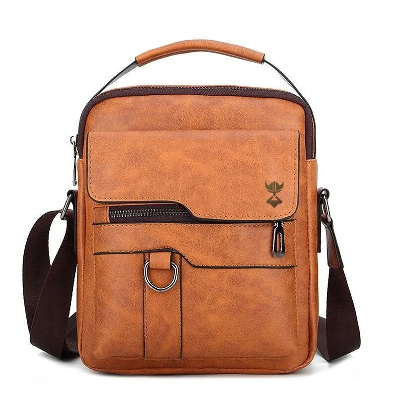 Khaki PU leather men's shoulder bag showing square shape and zipper opening.