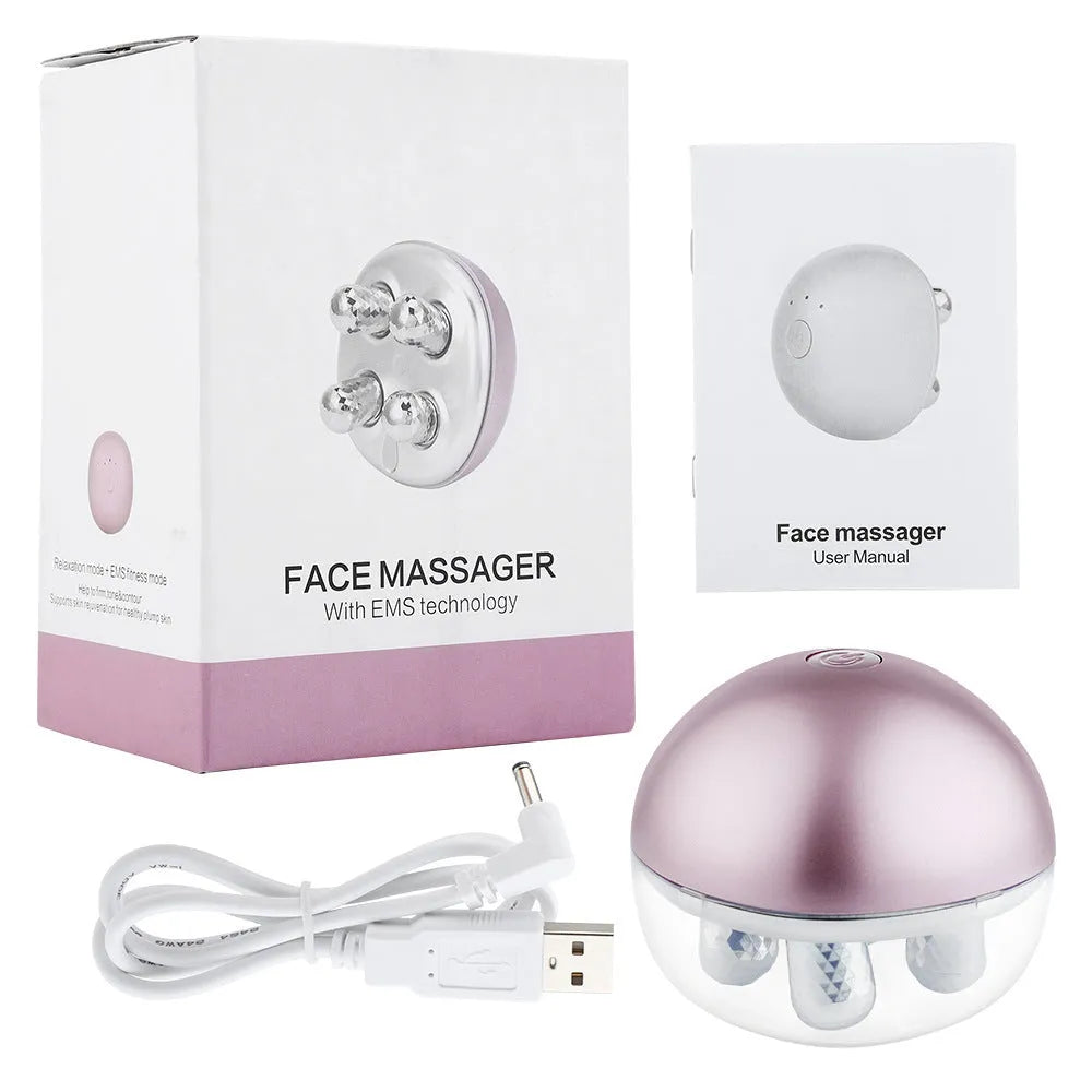 USB rechargeable roller massage electric face-lift device in Rose Red ABS plastic for reducing fine lines and puffiness