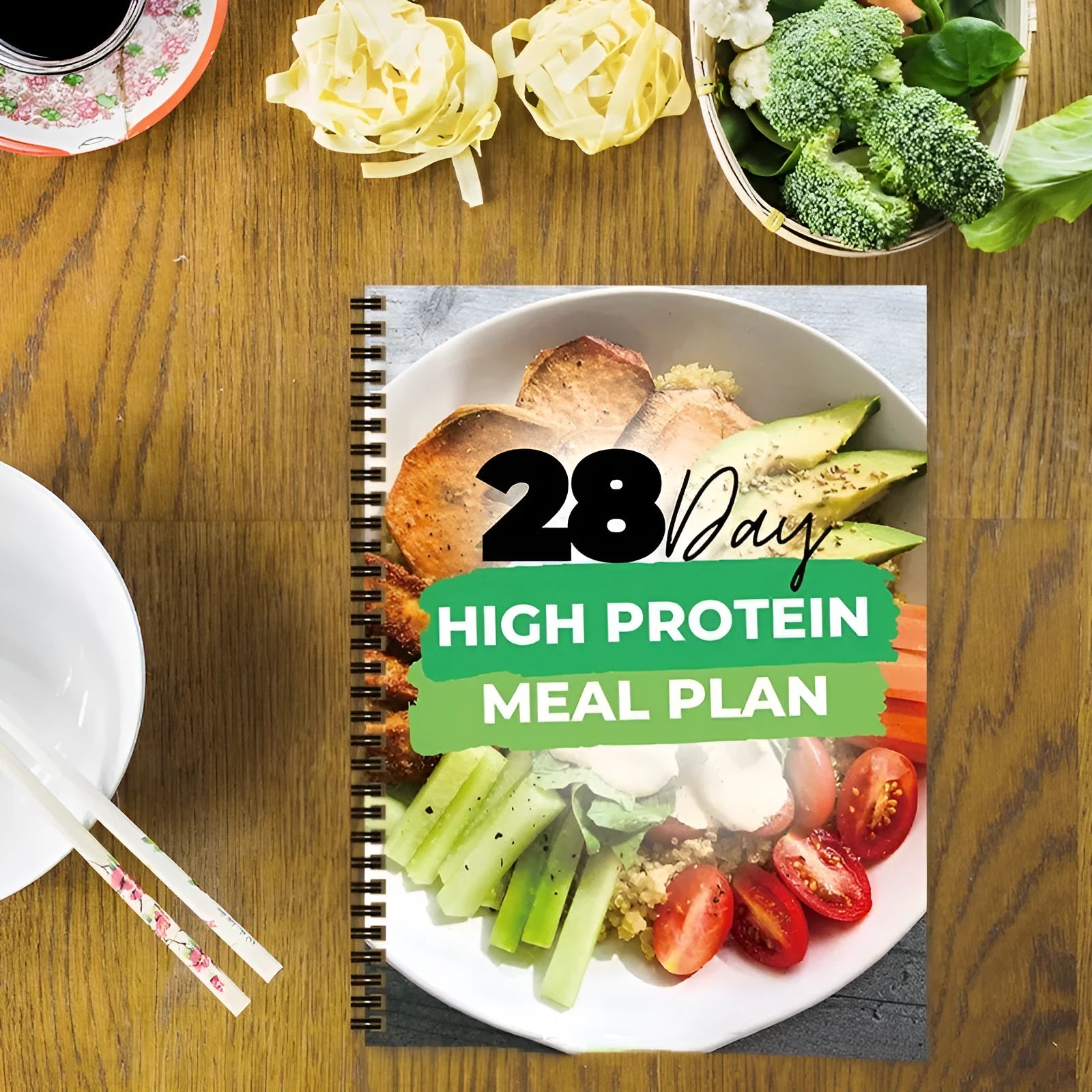28-day high-protein diet plan book on paper, 21cm by 28.5cm, cover colour 28Day Dietary Plan