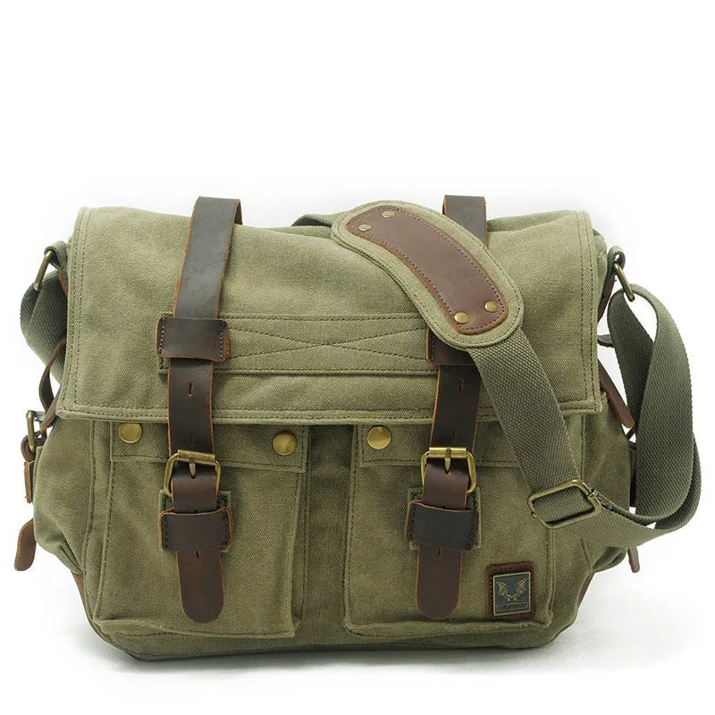 Men's canvas crossbody shoulder bag with cowhide trim in retro styling showing flap closure and single strap