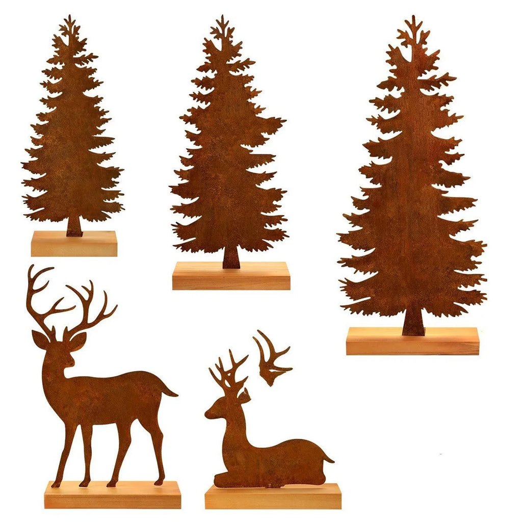 Set of three rusty iron Christmas tree ornaments with elk silhouettes, American-style metal decor.