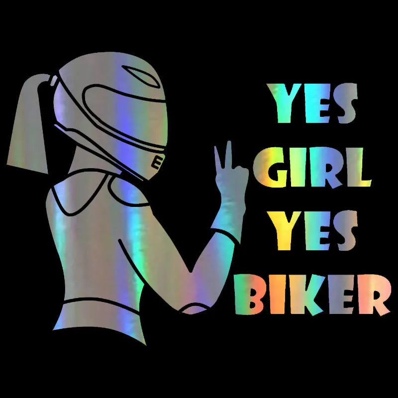 Cool girl rider character design on a black, white, and laser coloured car waterproof sticker measuring 16cm by 15cm.