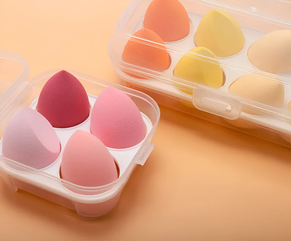 Beauty egg drop diagonal cut box set with four 60x40mm hydrophilic polyurethane makeup sponges in four colours