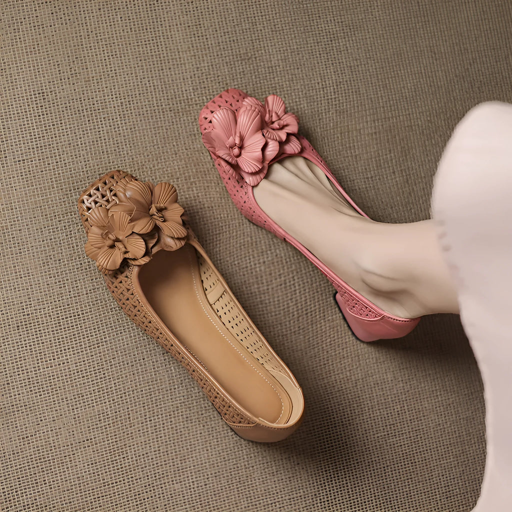 Light brown women's leather pumps with hollow weave design and a mid heel on a beef tendon sole.