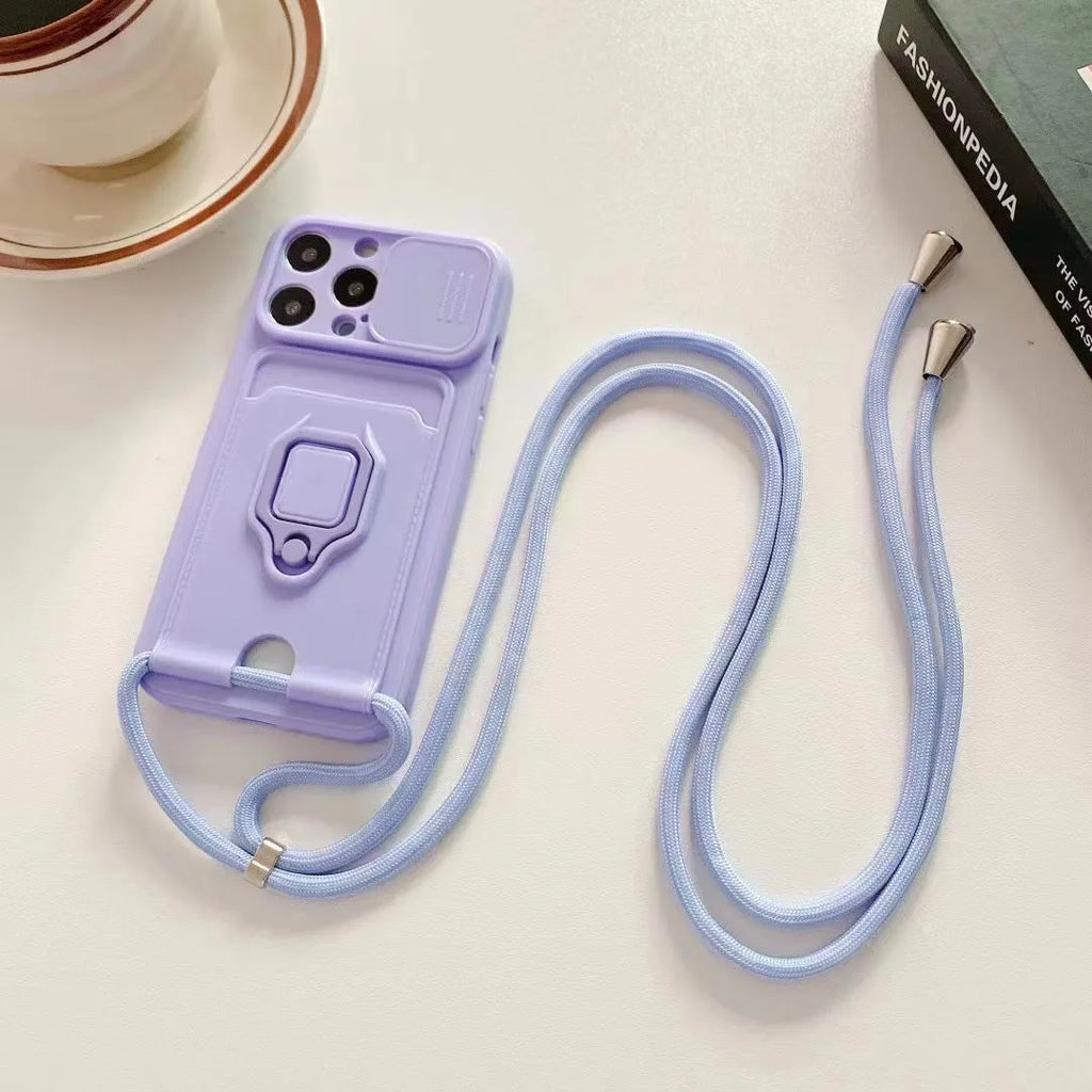 Push window card ring bracket diagonal strap lanyard phone case for iPhone in black, red, pink, green, purple, blue TPU material