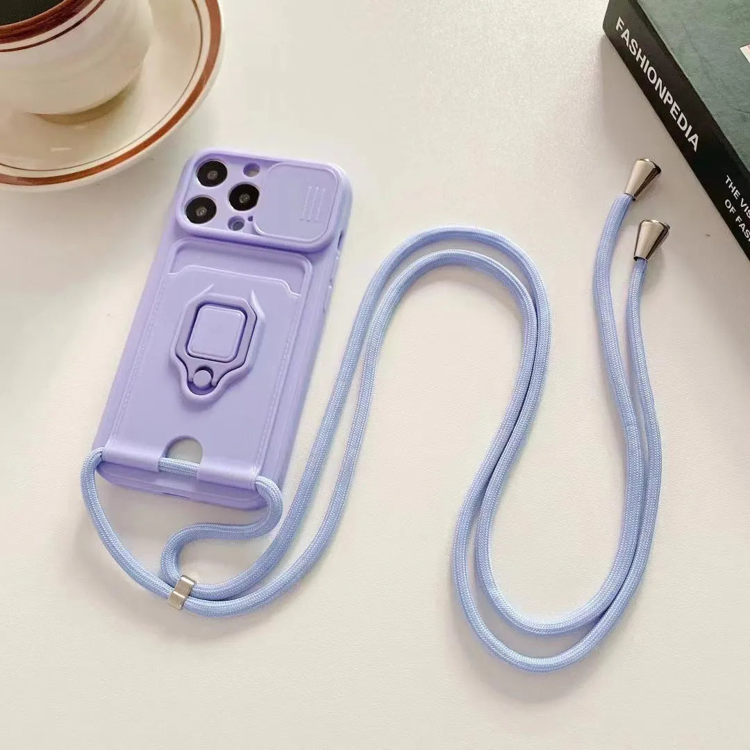 Push window card ring bracket diagonal strap lanyard phone case for iPhone in black, red, pink, green, purple, blue TPU material