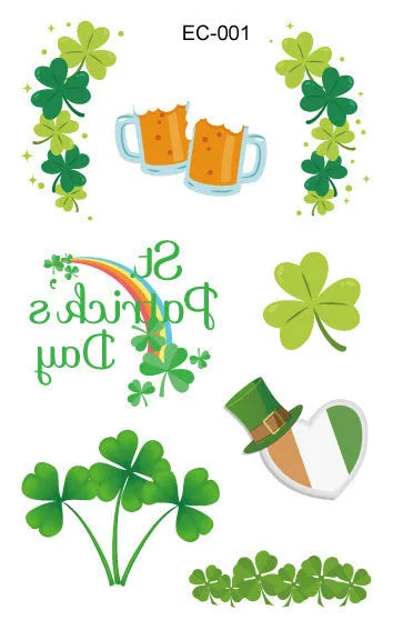 Temporary tattoo stickers with Irish festival flag designs for children, sized 120x75mm with St. Patrick's Day clover motif
