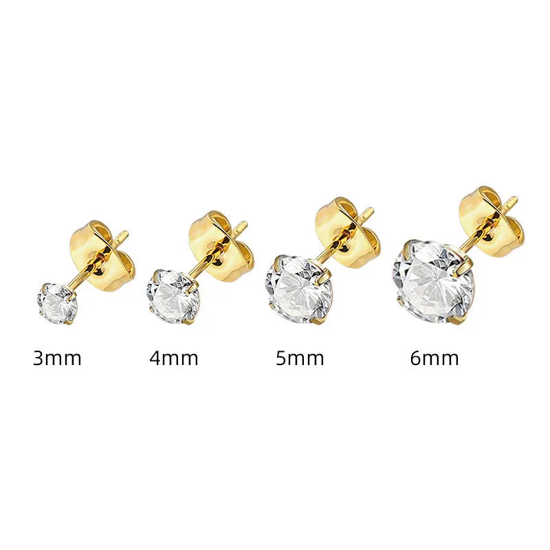 Simple geometric stud earrings with a round zircon stone on a stainless steel post, available in gold or steel colour.
