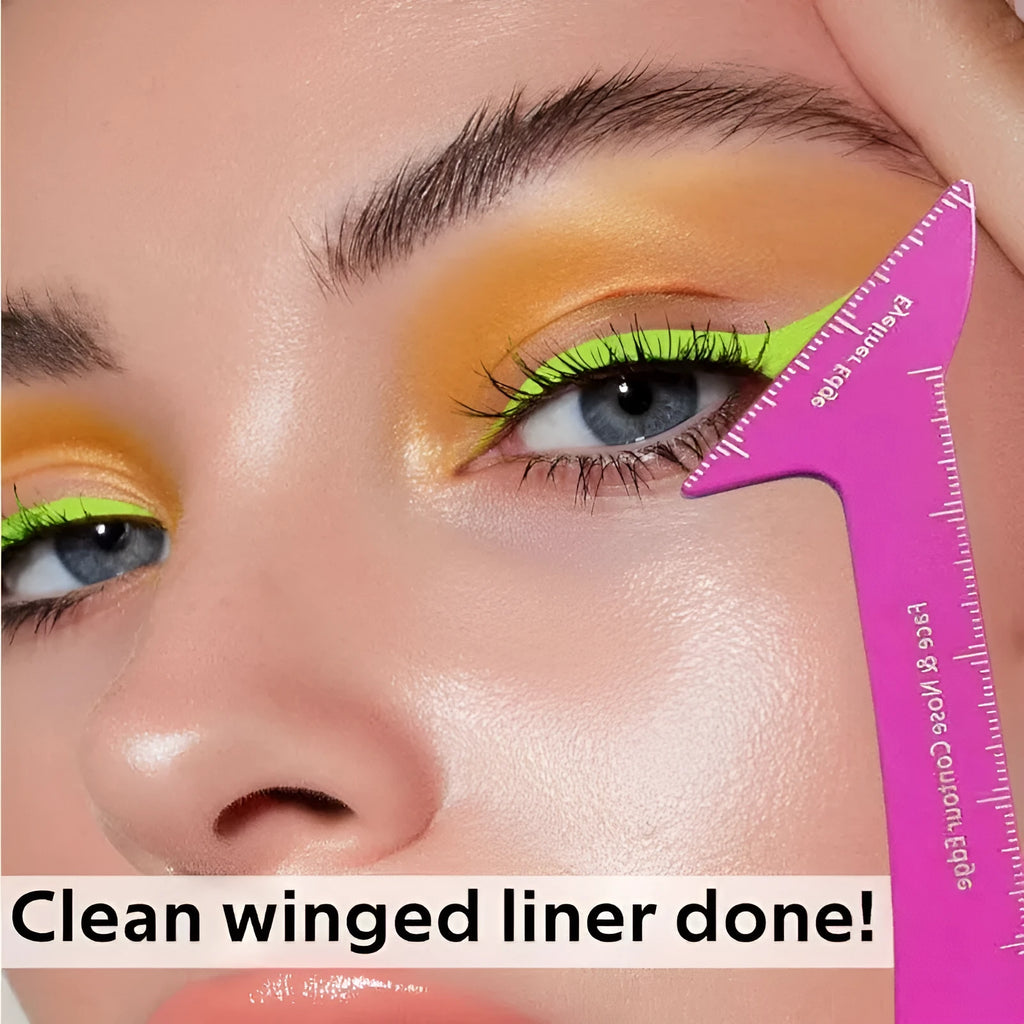 A reusable pink 3-in-1 makeup stencil tool for winged eyeliner, eyebrows, and face contouring on a vanity.