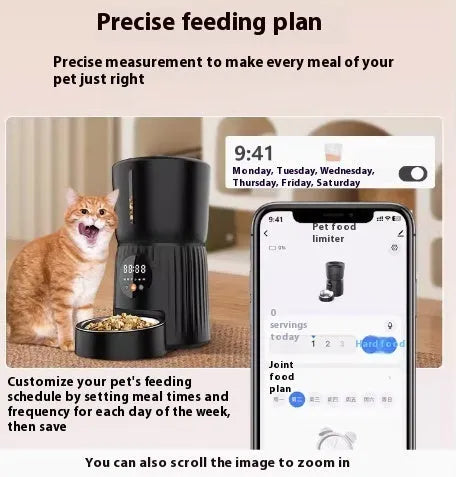 Black and white automatic pet feeder with USB power connection for timed remote feeding