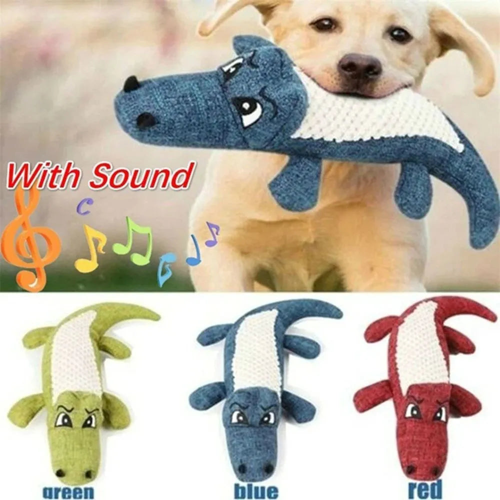 Plush squeaky dog toy in blue with linen fabric, 29cm length, on white background