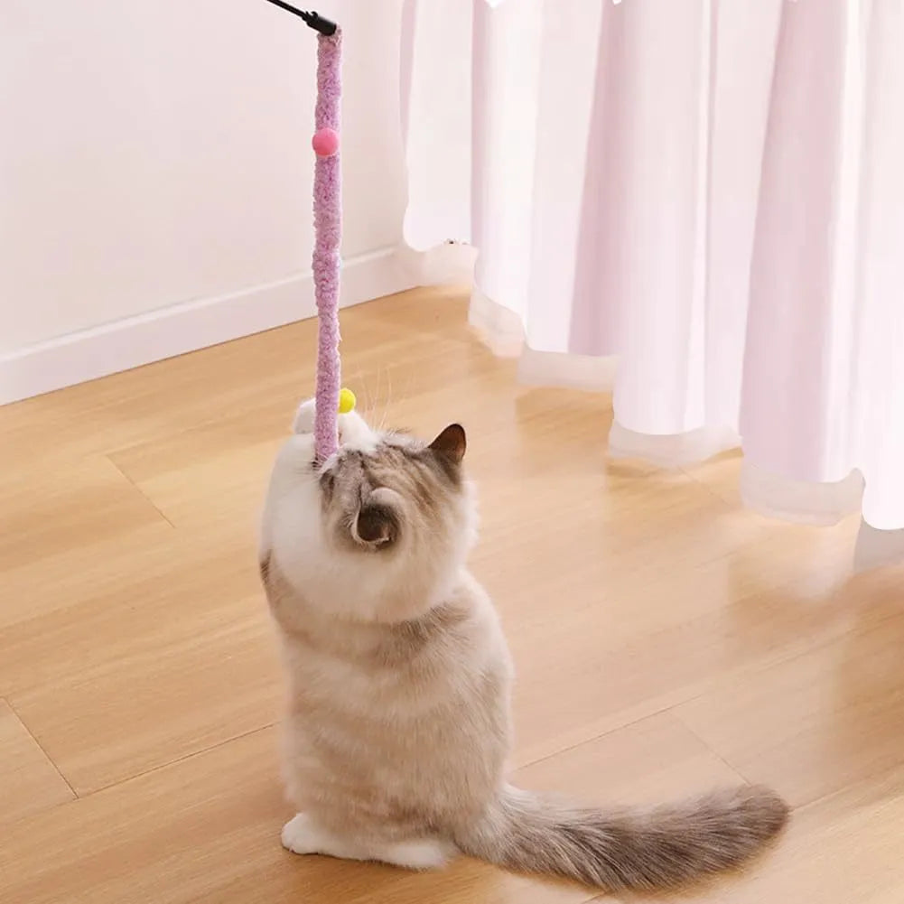 Blue cat wand toy with long plush strip and fluffy ball with bells on a 41cm pole