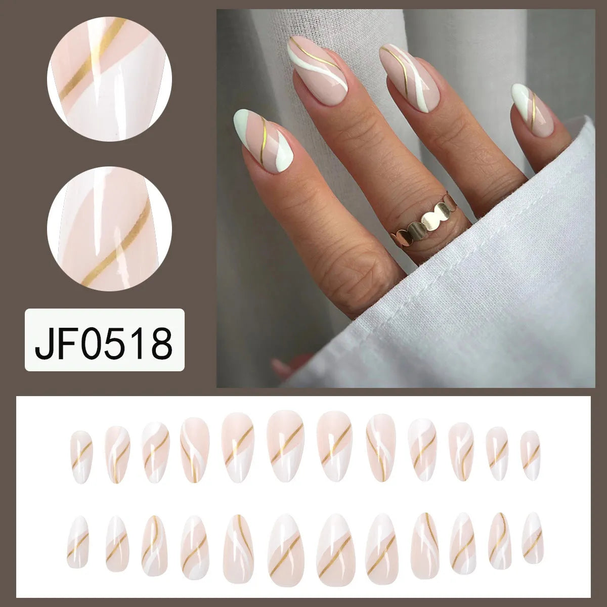 Golden lines plaid pattern on medium drop-shaped wearable plastic nail art stickers, colour JF0518 jelly glue.