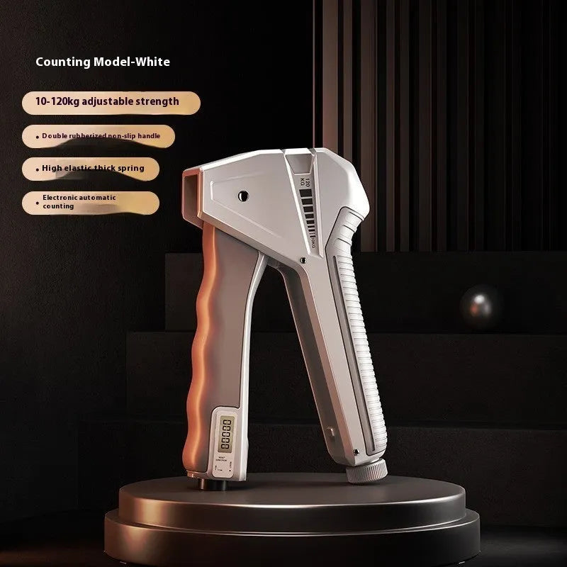 Adjustable hand gripper strength trainer with mechanical counter showing 5-60kg resistance range