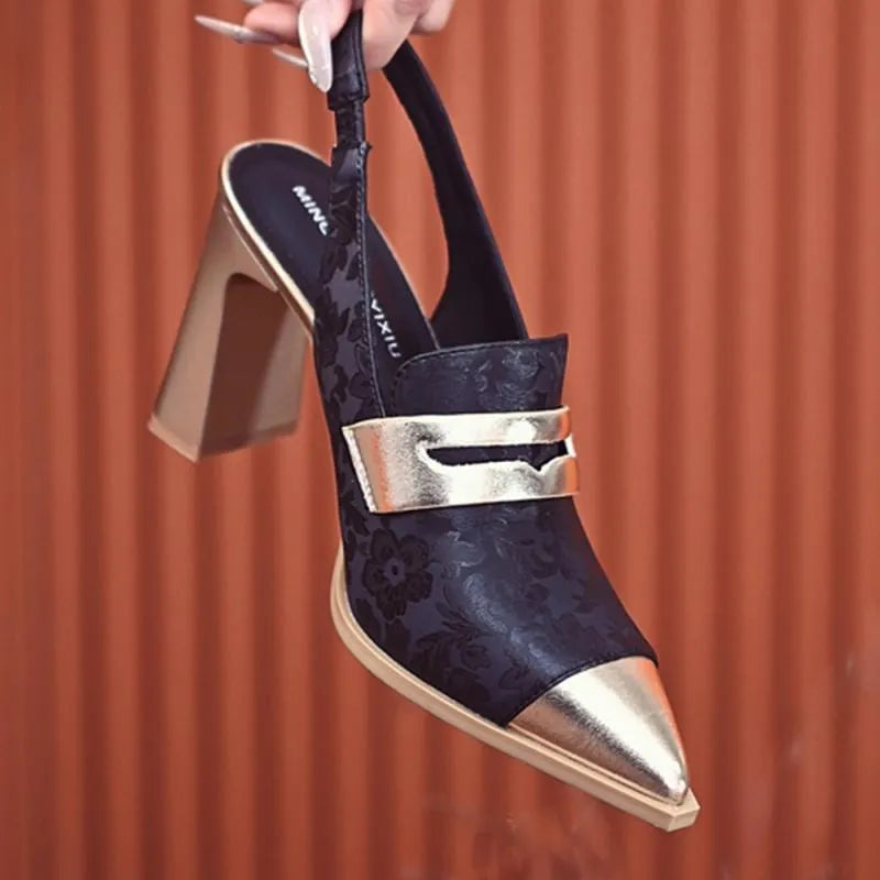 Women's black printed high heel sandals with chunky heel, pointed toe, and high-cut straps