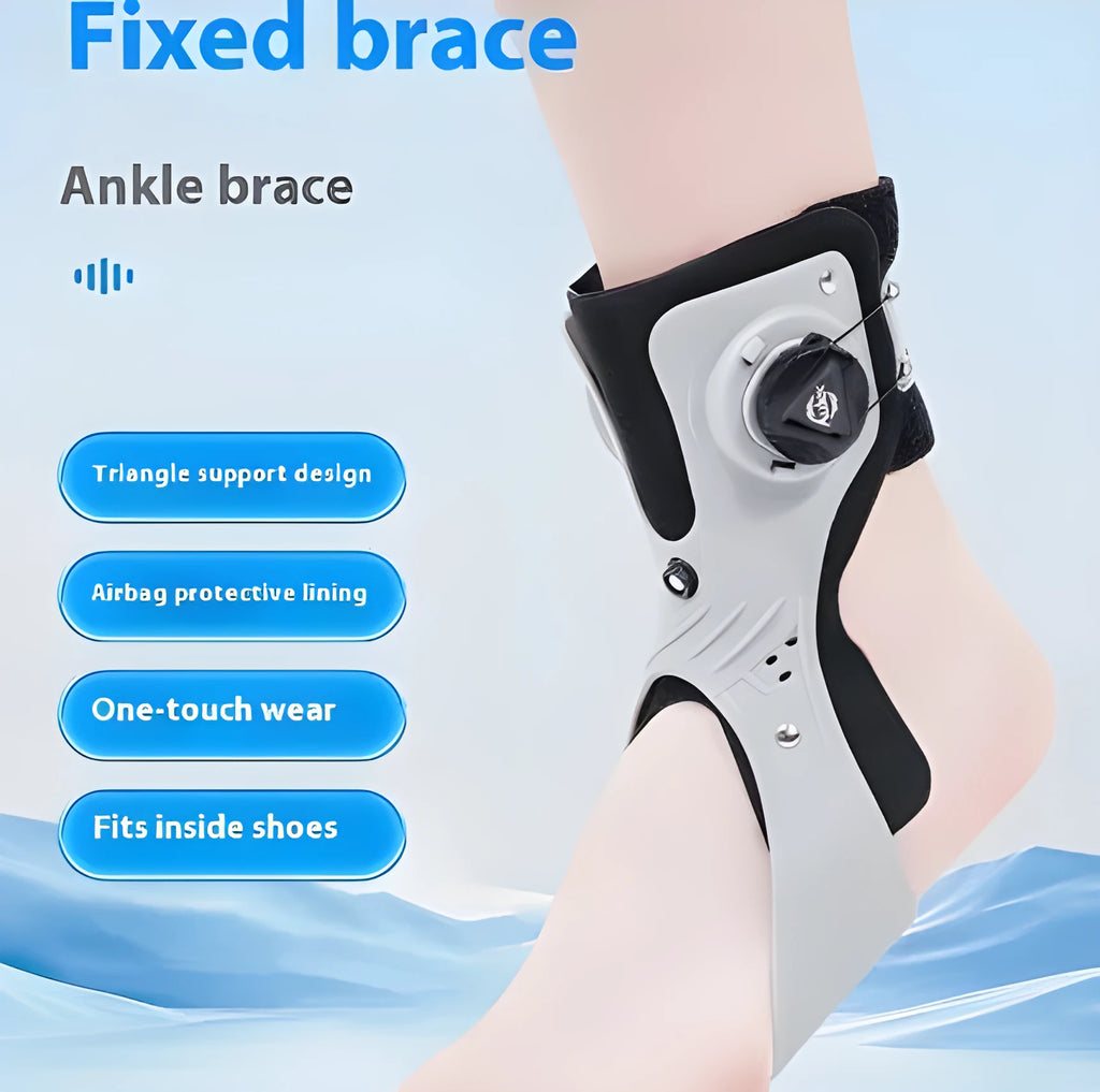 Grey and black ankle support brace with airbag button system for training and rehabilitation