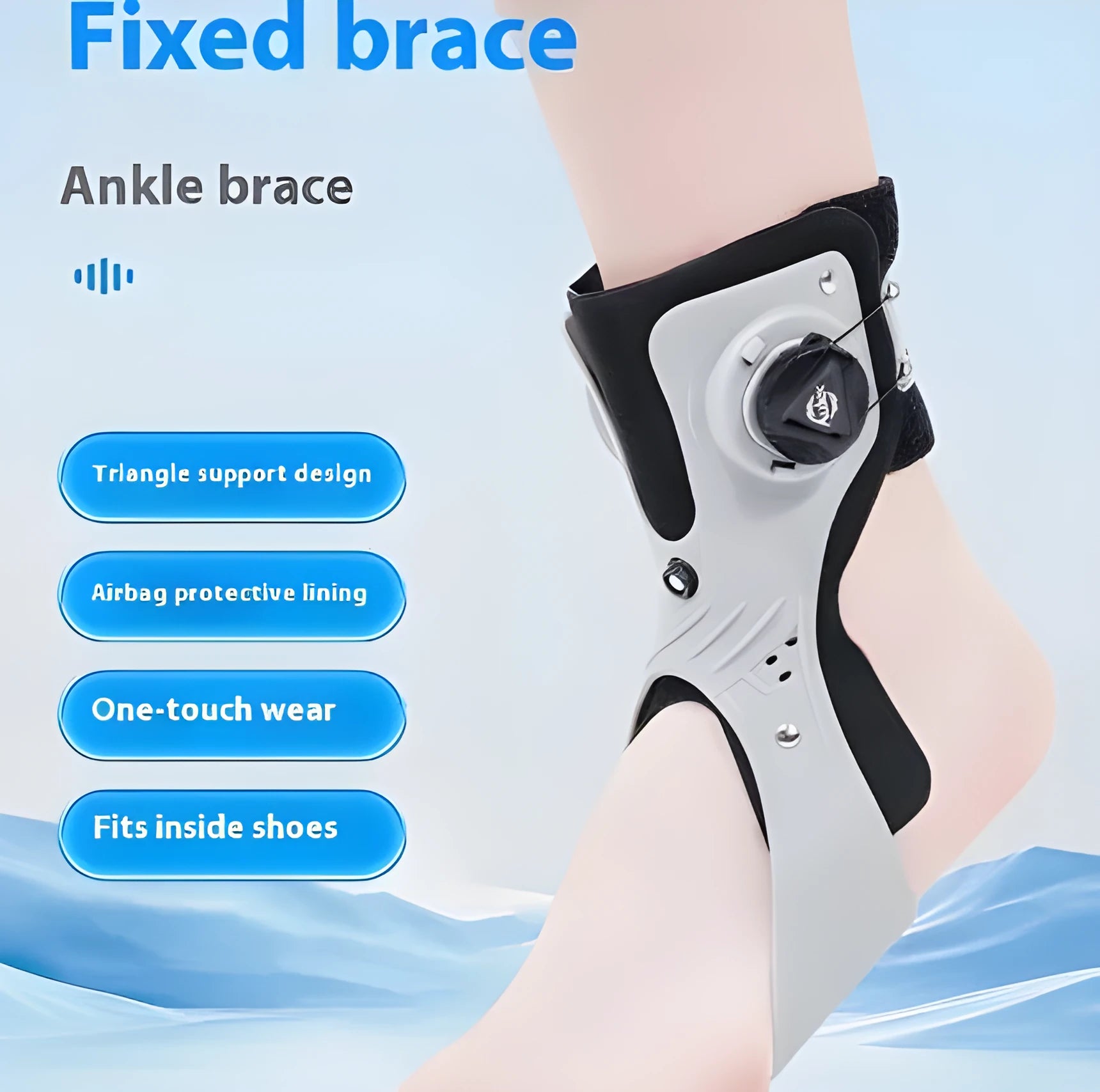 Grey and black ankle support brace with airbag button system for training and rehabilitation