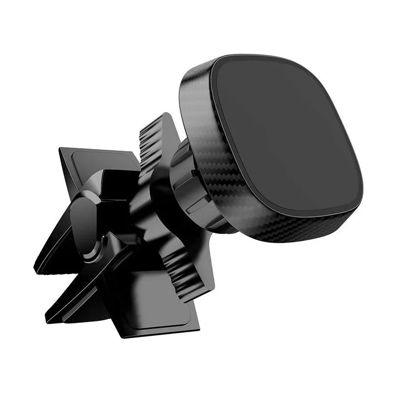 Black magnetic car phone holder mounted on vehicle air vent with smartphone attached