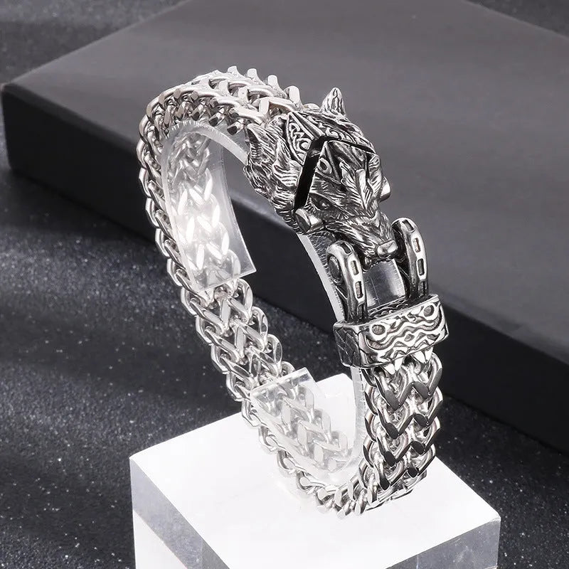 Reversible chain bracelet for men with wolf head and snake head in titanium steel, 20cm 22cm 24cm