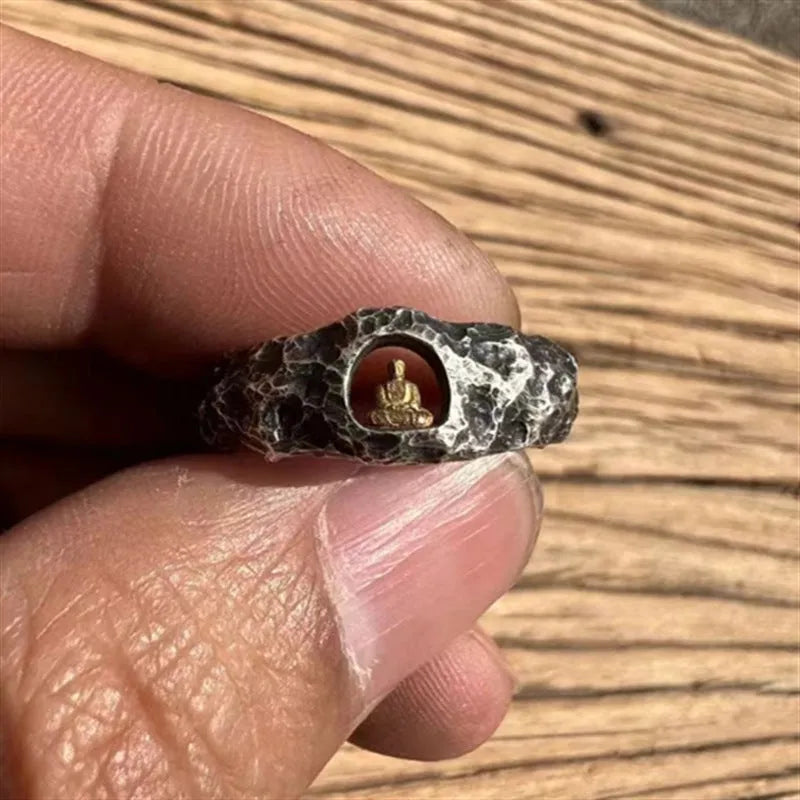 Hand-forged copper Buddha ring with grotto rock texture, retro style, shown on a finger.