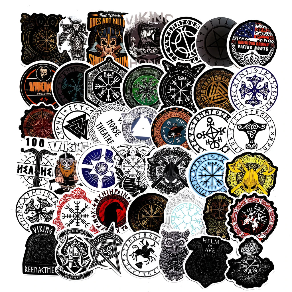 Ancient rune PVC sticker set with 50 irregular shaped graffiti-style decals in colour for luggage and smooth surfaces