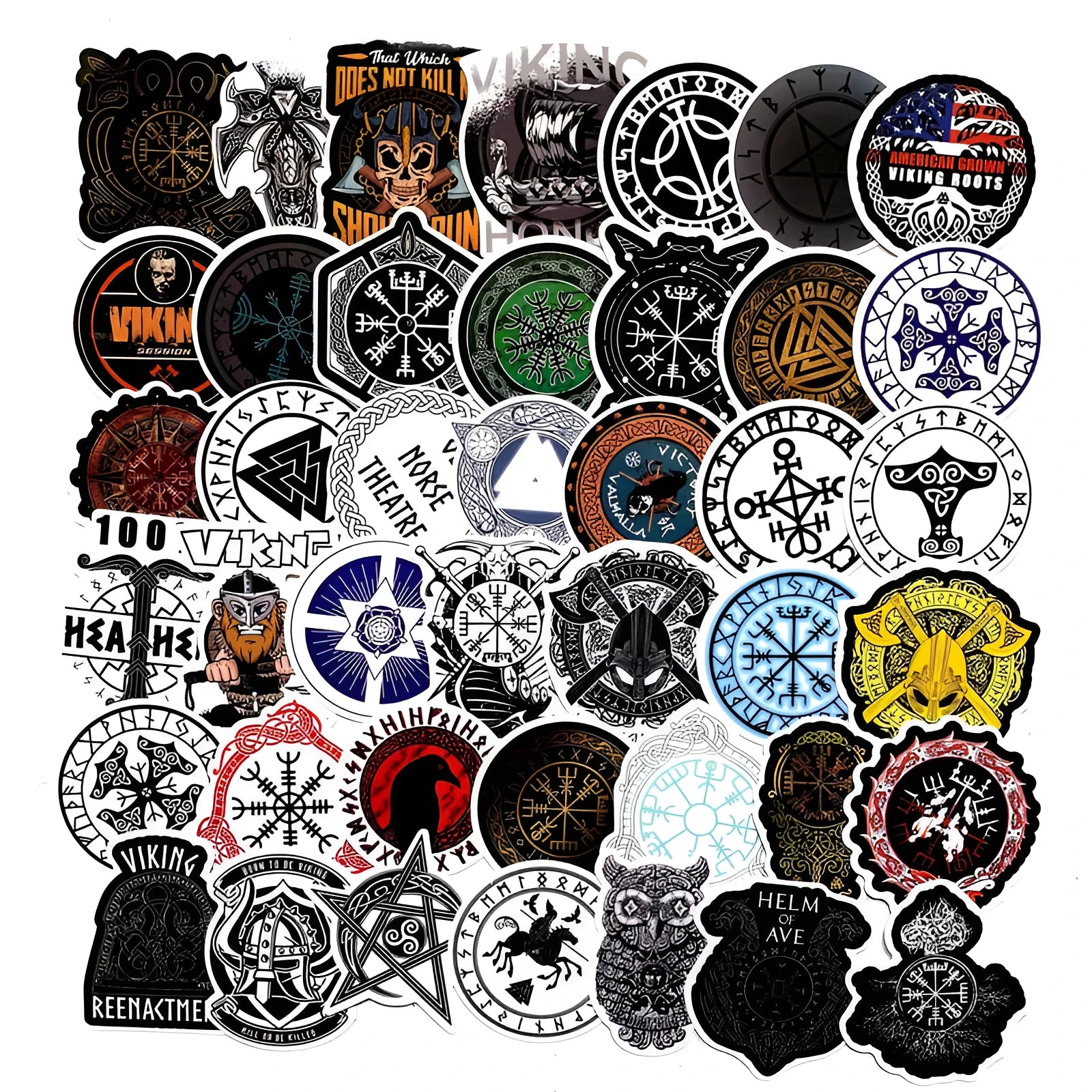 Ancient rune PVC sticker set with 50 irregular shaped graffiti-style decals in colour for luggage and smooth surfaces