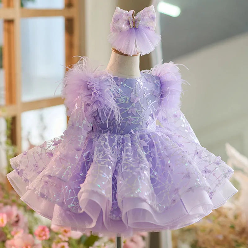 Butterfly sequined long sleeve princess dress for children in dream purple colour, suitable for heights 80cm to 160cm