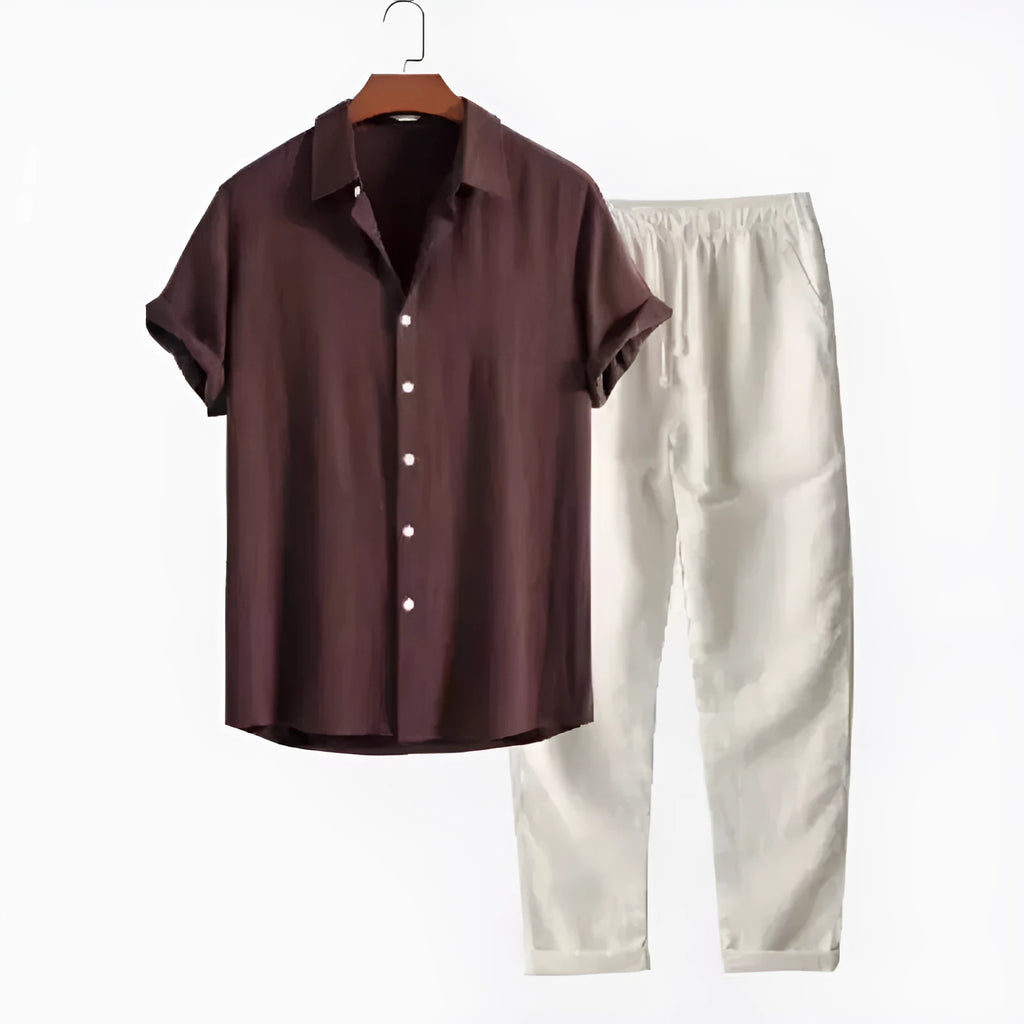 Men's casual loose-fit short sleeve shirt and trousers suit set in a linen-look fabric