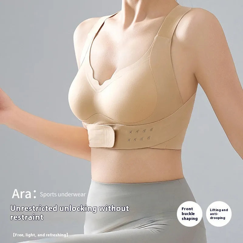 Women's front buckle exercise bra in black, white, or liquid foundation colour with 3/4 cup and double shoulder straps