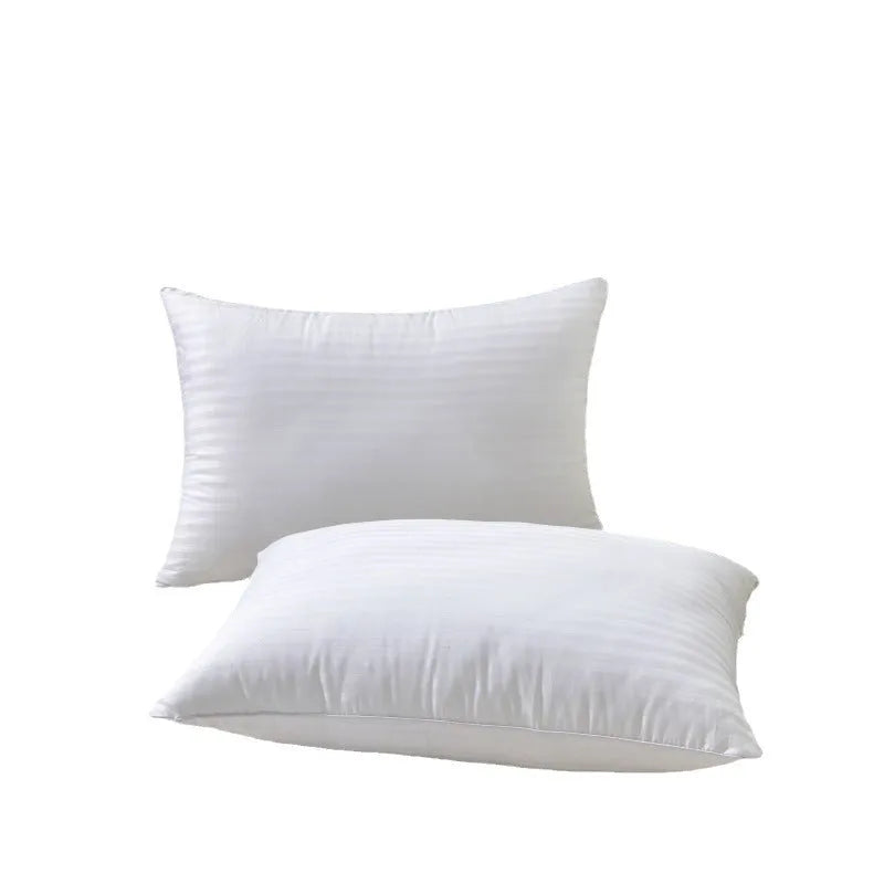 White cotton satin stripe feather pillow with 2cm stripe detail showing size and fill weight options