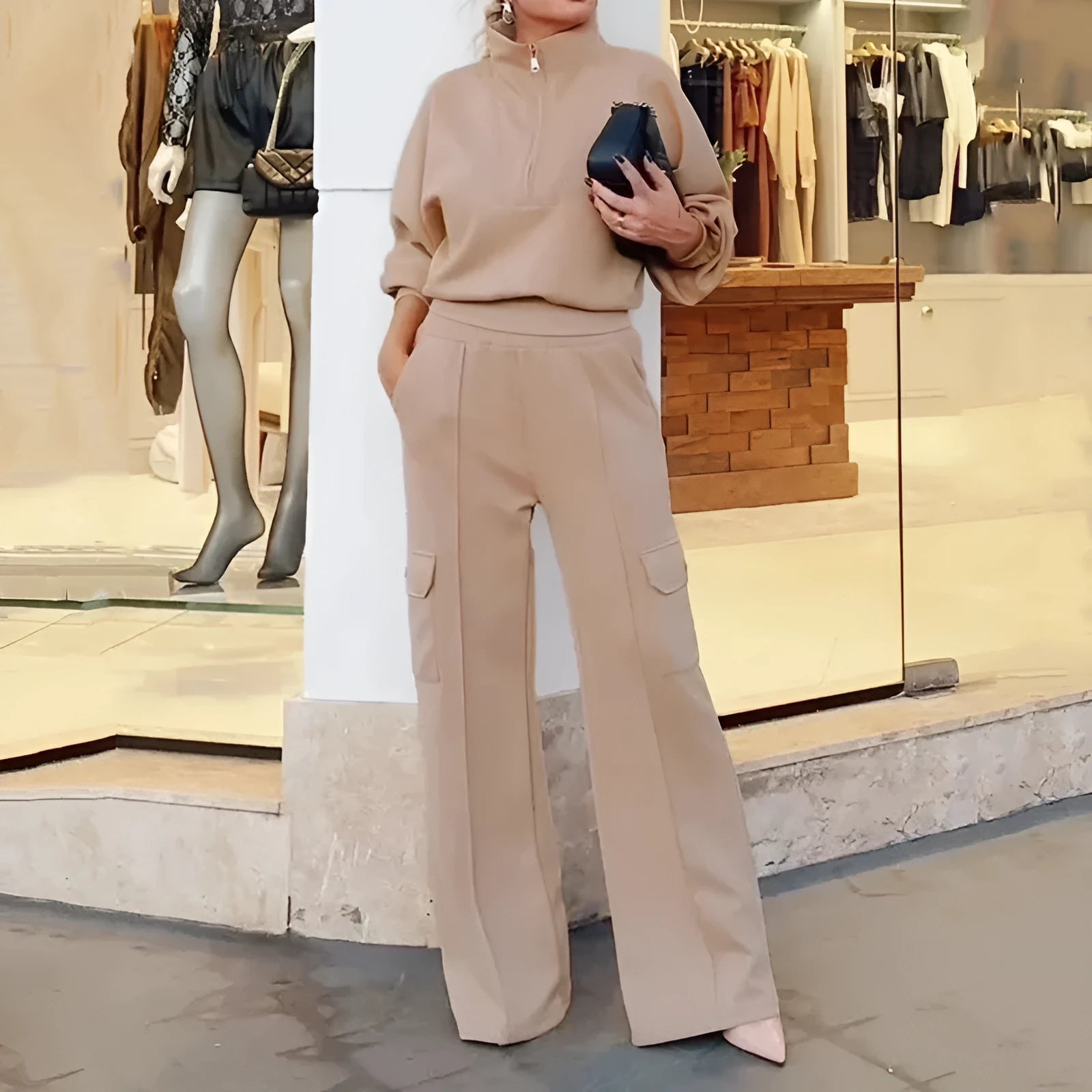 Women's light camel polyester lapel top and wide-leg trousers two-piece work set