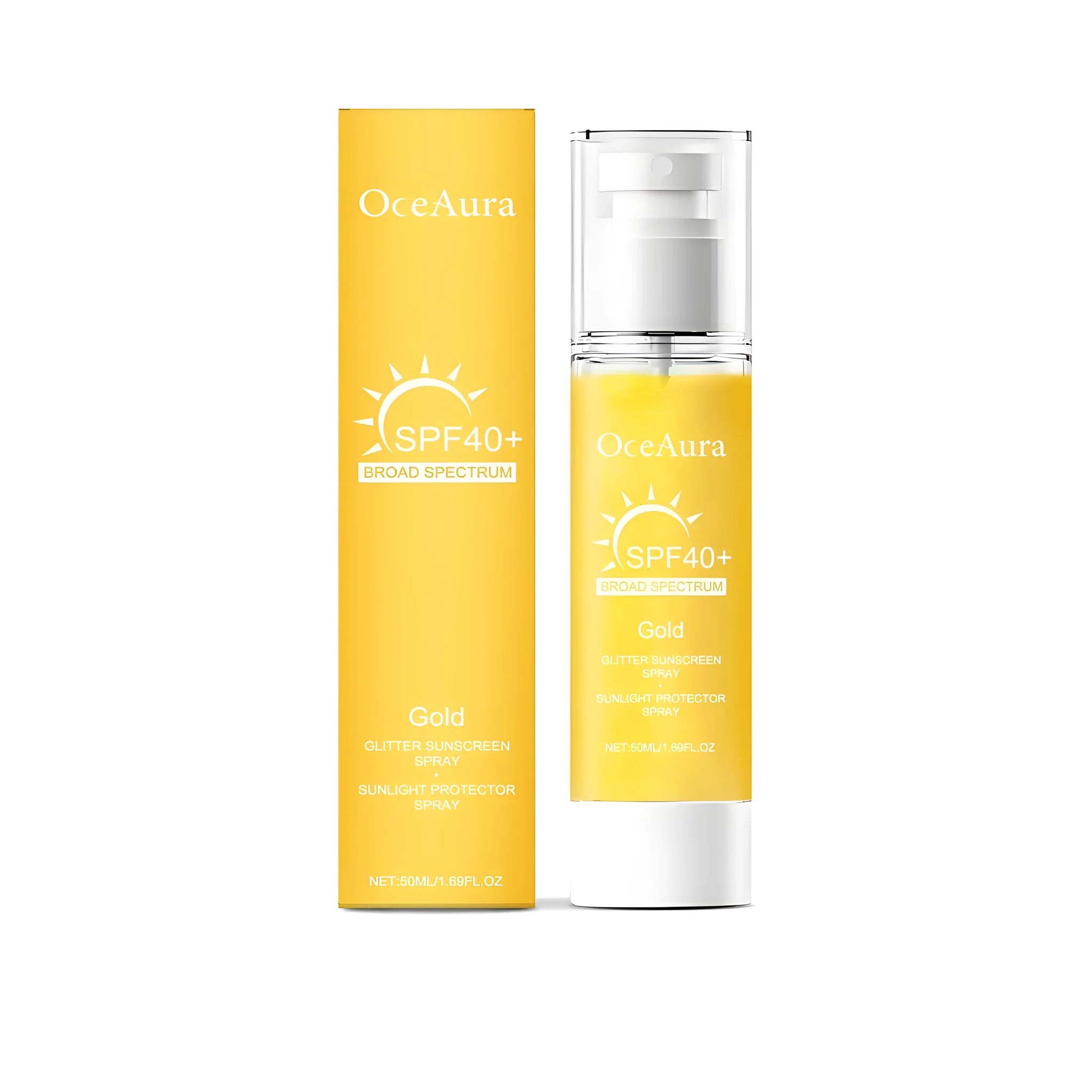 50ml bottle of Shiny Sunscreen Spray with aerosol cap, showing ingredients including titanium dioxide and avocado oil.
