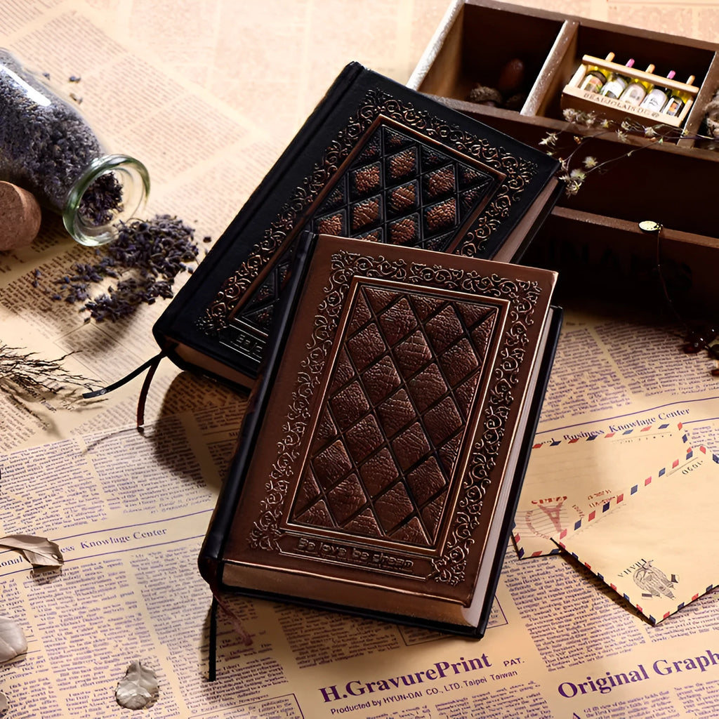 Embossed faux leather notebook in bronze colour with super thick pages