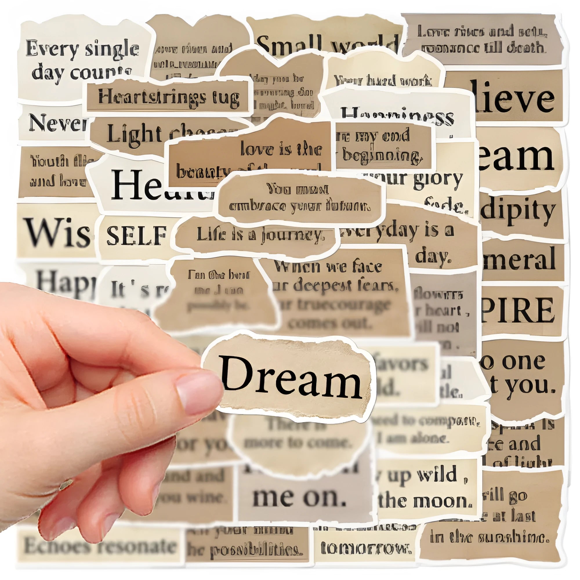 25 waterproof PVC decorative stickers with torn English text design in sizes from 4cm to 7cm