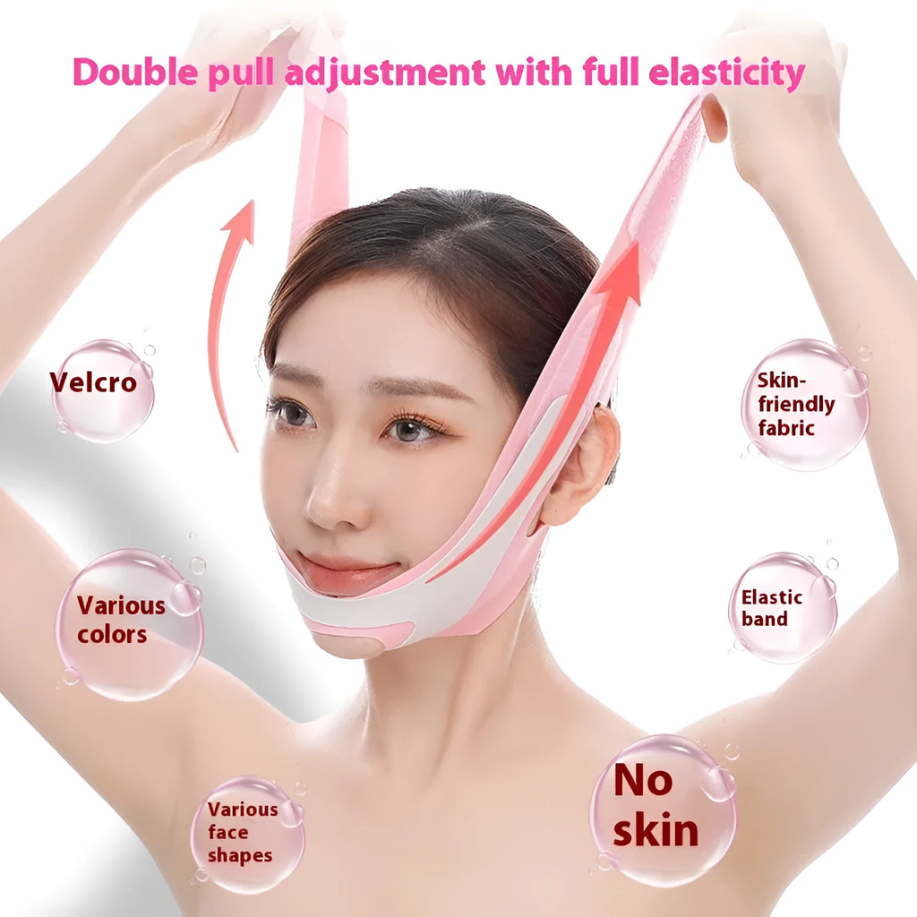 Pink and black elastic V face bandage for facial support and skincare routines