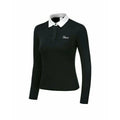 Women's slim-fit long sleeve golf top in black, made from breathable polyester fabric for sun protection.