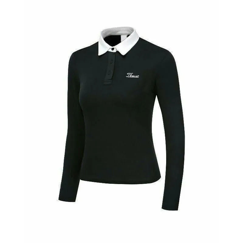 Women's slim-fit long sleeve golf top in black, made from breathable polyester fabric for sun protection.